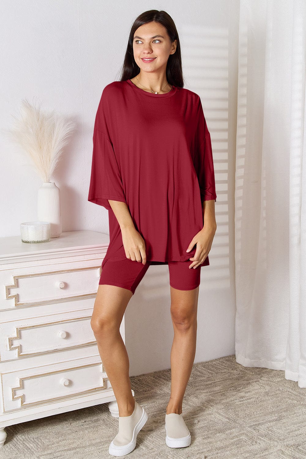 Trendsi Fall Deep Red / 3XL Basic Bae Full Size Soft Rayon Three-Quarter Sleeve Top and Shorts Set Basic Bae Full Size Soft Rayon Three-Quarter Sleeve Top and Shorts Set