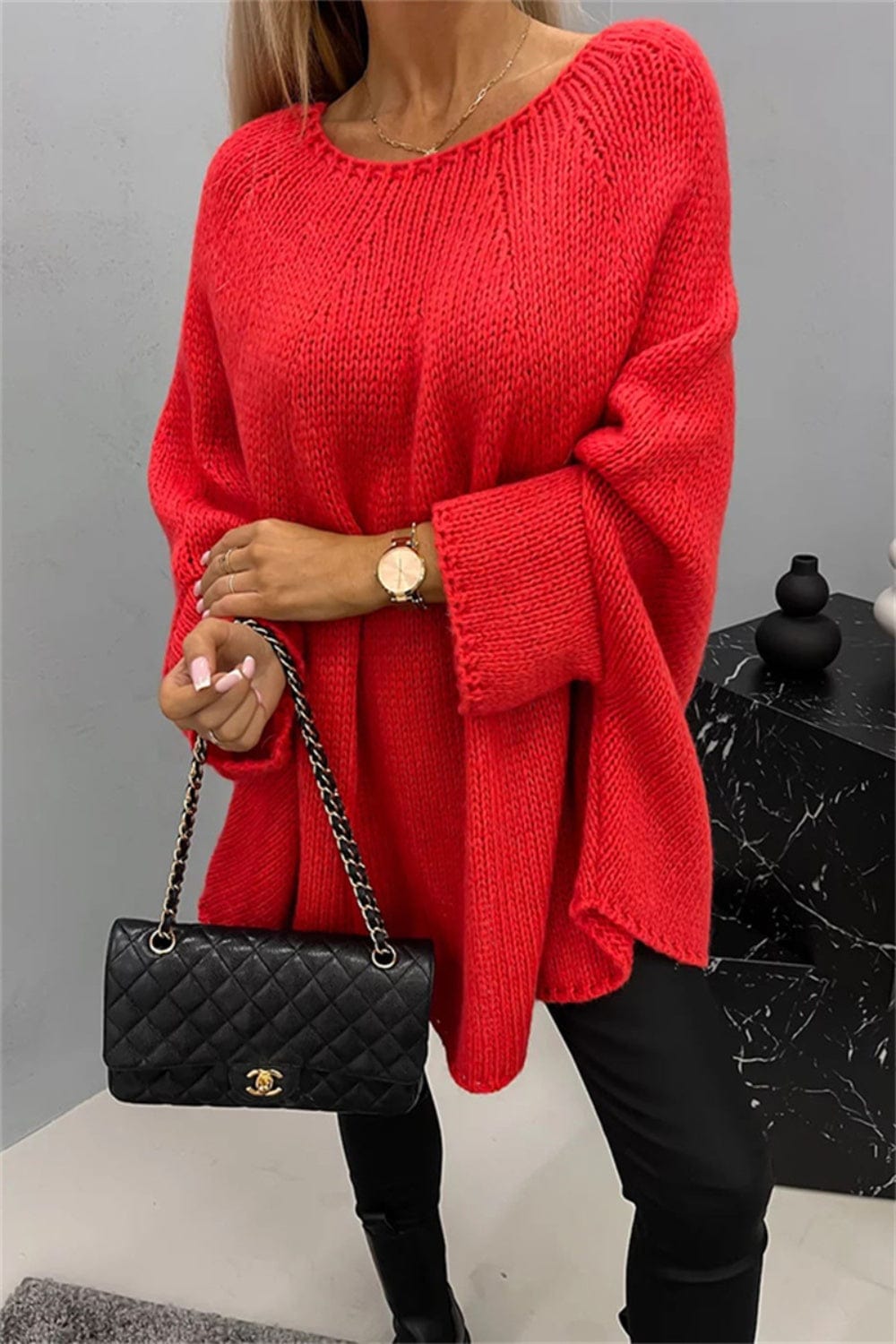 Trendsi Fall Deep Red / S/M Round Neck Batwing Sleeve Sweater Round Neck Batwing Sleeve Sweater