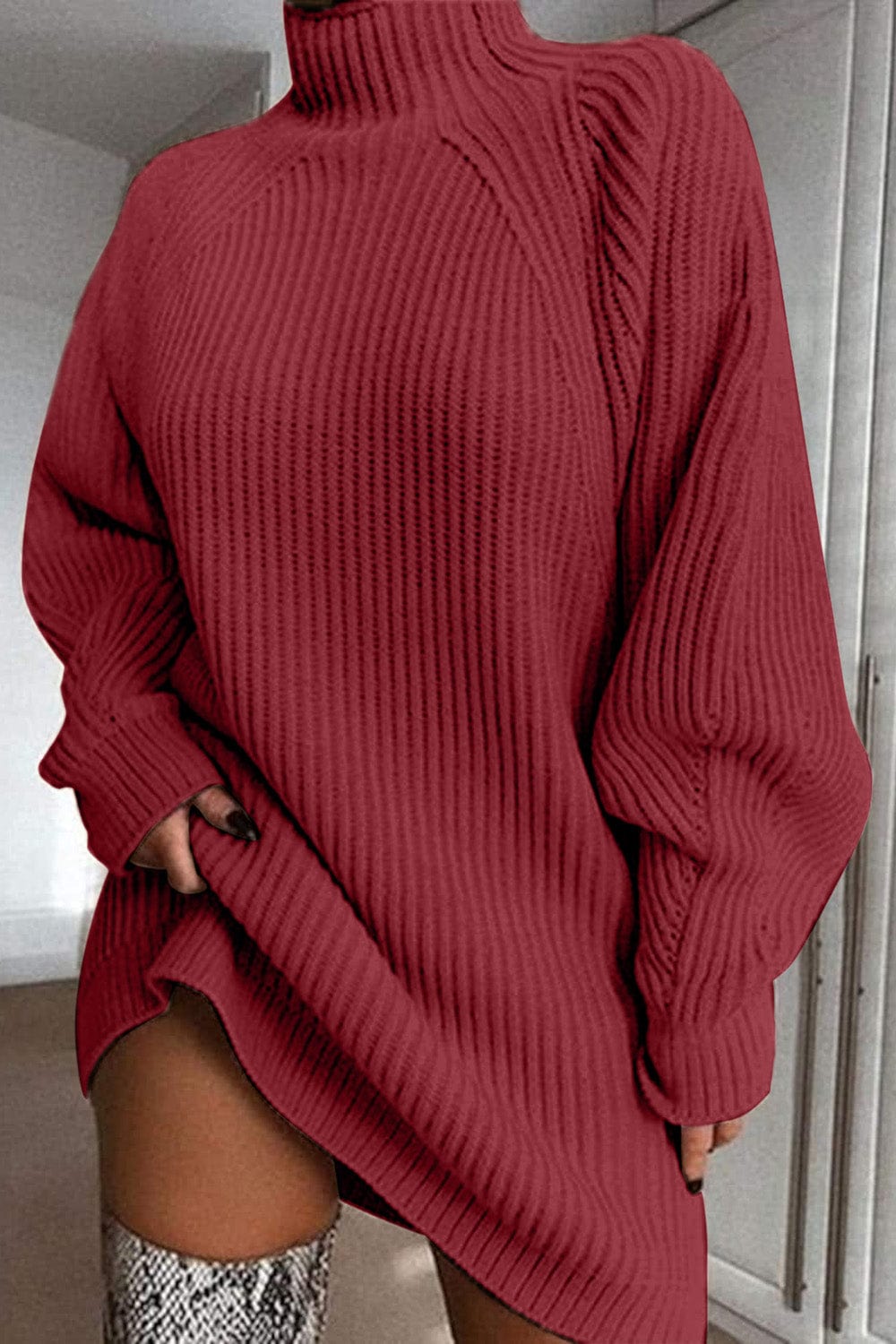 Trendsi Fall Deep Red / S Mock Neck Dropped Shoulder Sweater Dress Mock Neck Dropped Shoulder Sweater Dress