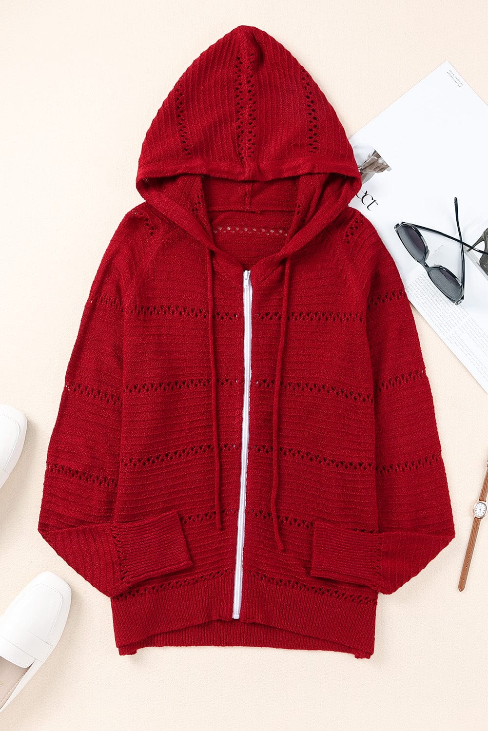 Trendsi Fall Deep Red / S Zip-Up Raglan Sleeve Openwork Hooded Cardigan Zip-Up Raglan Sleeve Openwork Hooded Cardigan