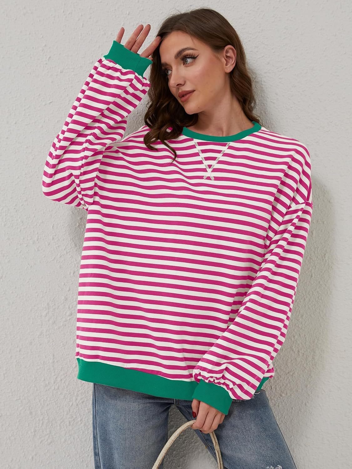 Trendsi Fall Deep Rose / S Contrast Striped Long Sleeve Sweatshirt Contrast Striped Long Sleeve Sweatshirt