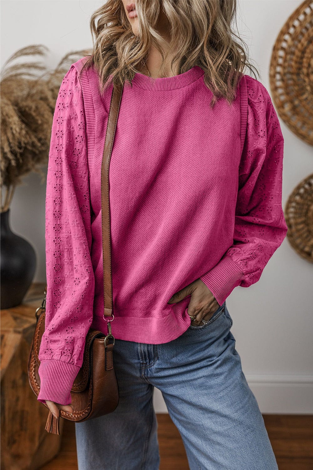 Trendsi Fall Deep Rose / S Eyelet Round Neck Long Sleeve Sweatshirt Eyelet Round Neck Long Sleeve Sweatshirt
