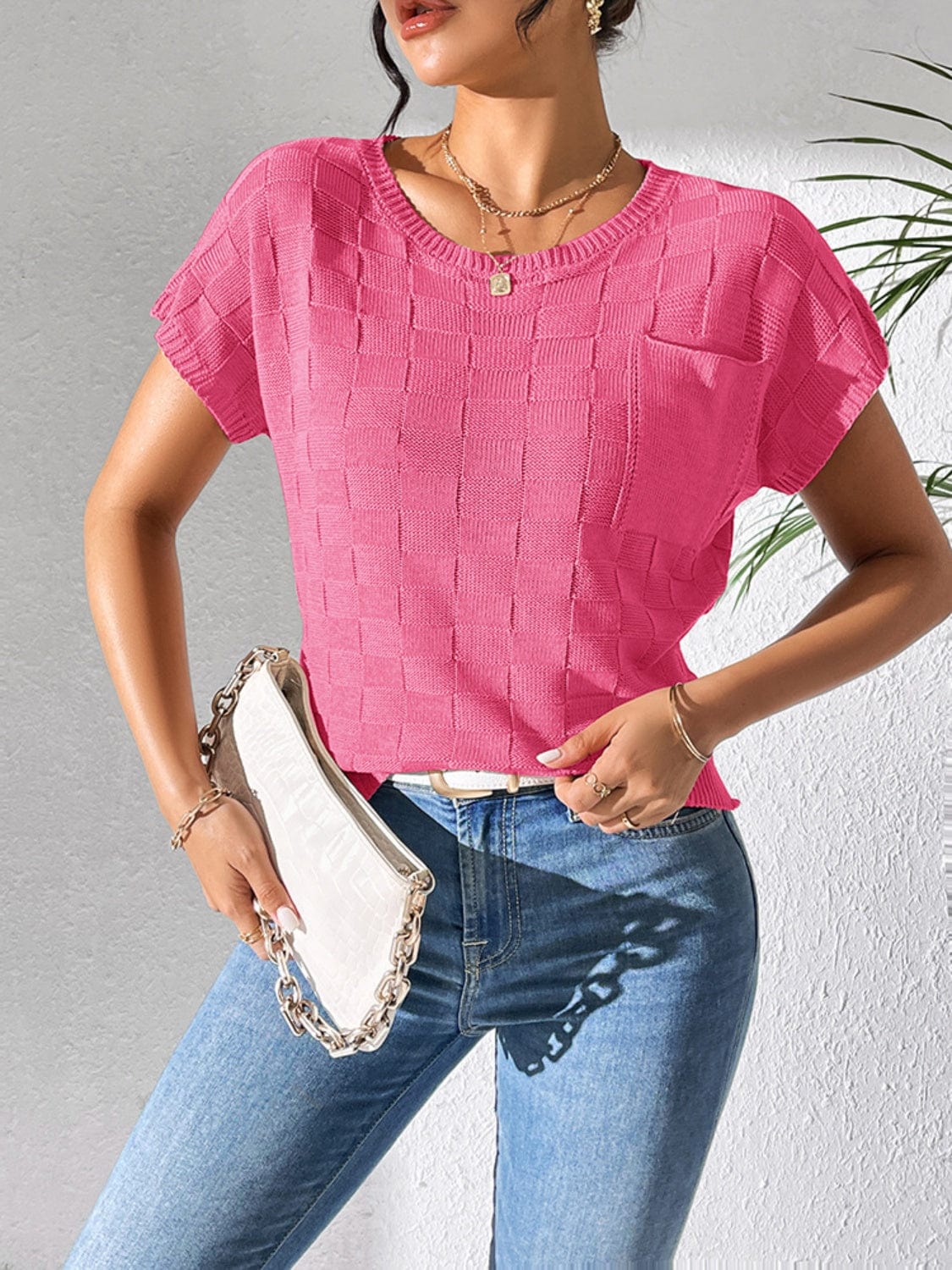 Trendsi Fall Deep Rose / S Round Neck Short Sleeve Knit Top Round Neck Short Sleeve Knit Top