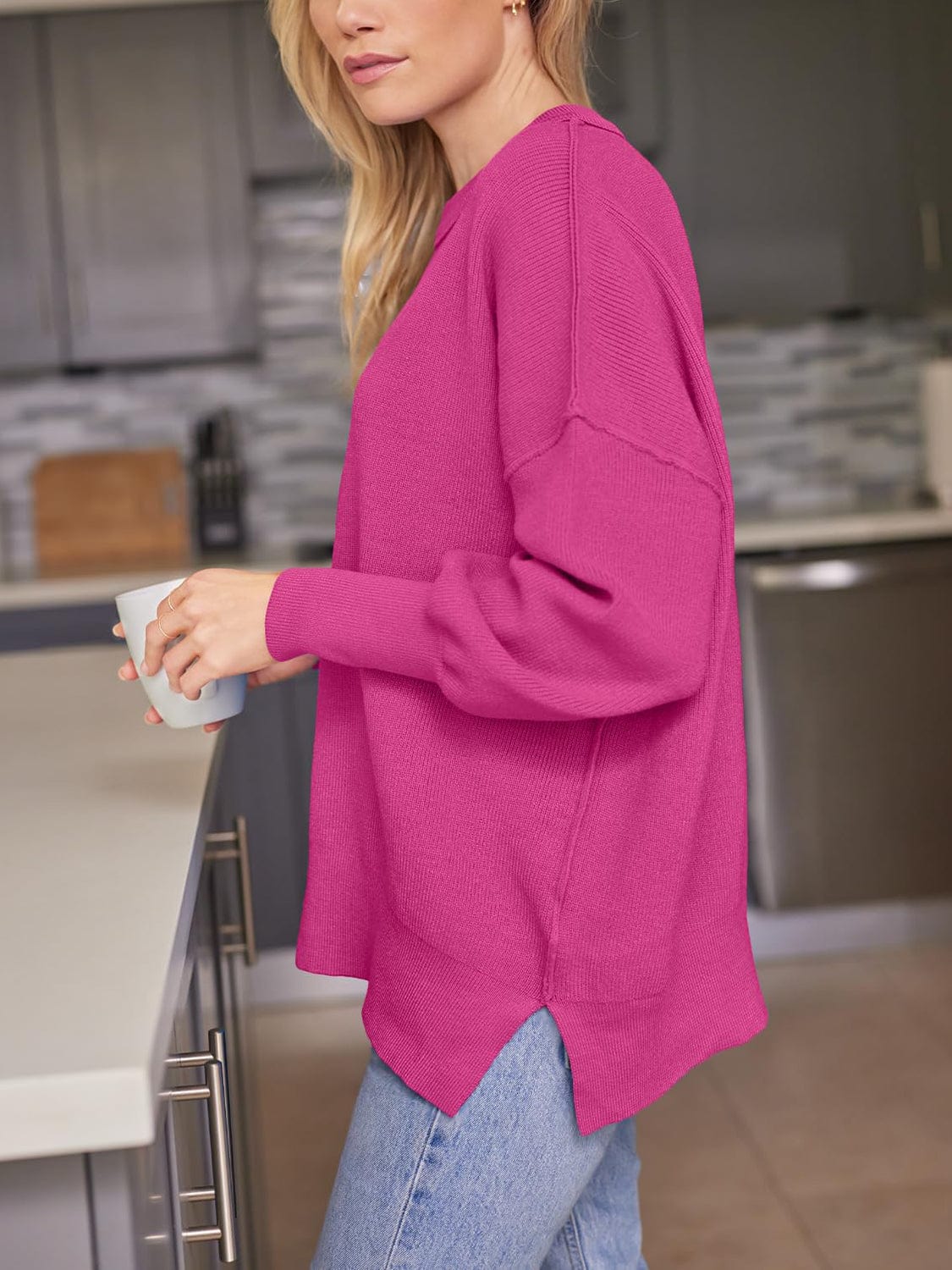 Trendsi Fall Deep Rose / S Slit Round Neck Dropped Shoulder Sweater Slit Round Neck Dropped Shoulder Sweater