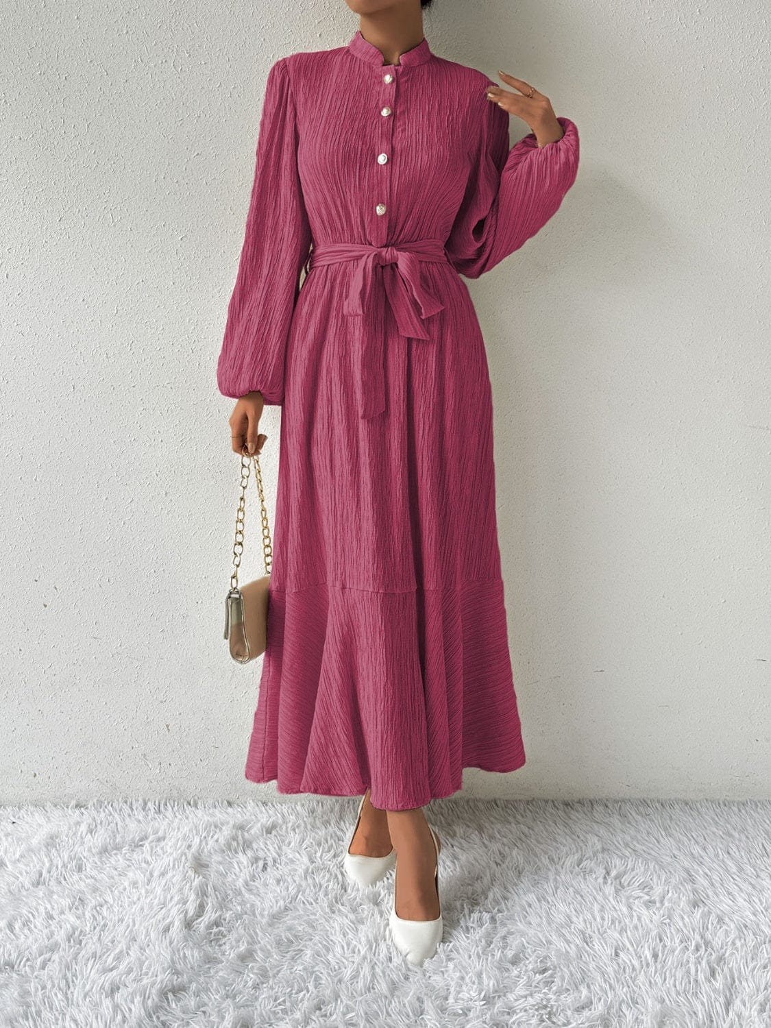Trendsi Fall Deep Rose / S Tie Waist Long Sleeve Dress Tie Waist Long Sleeve Dress