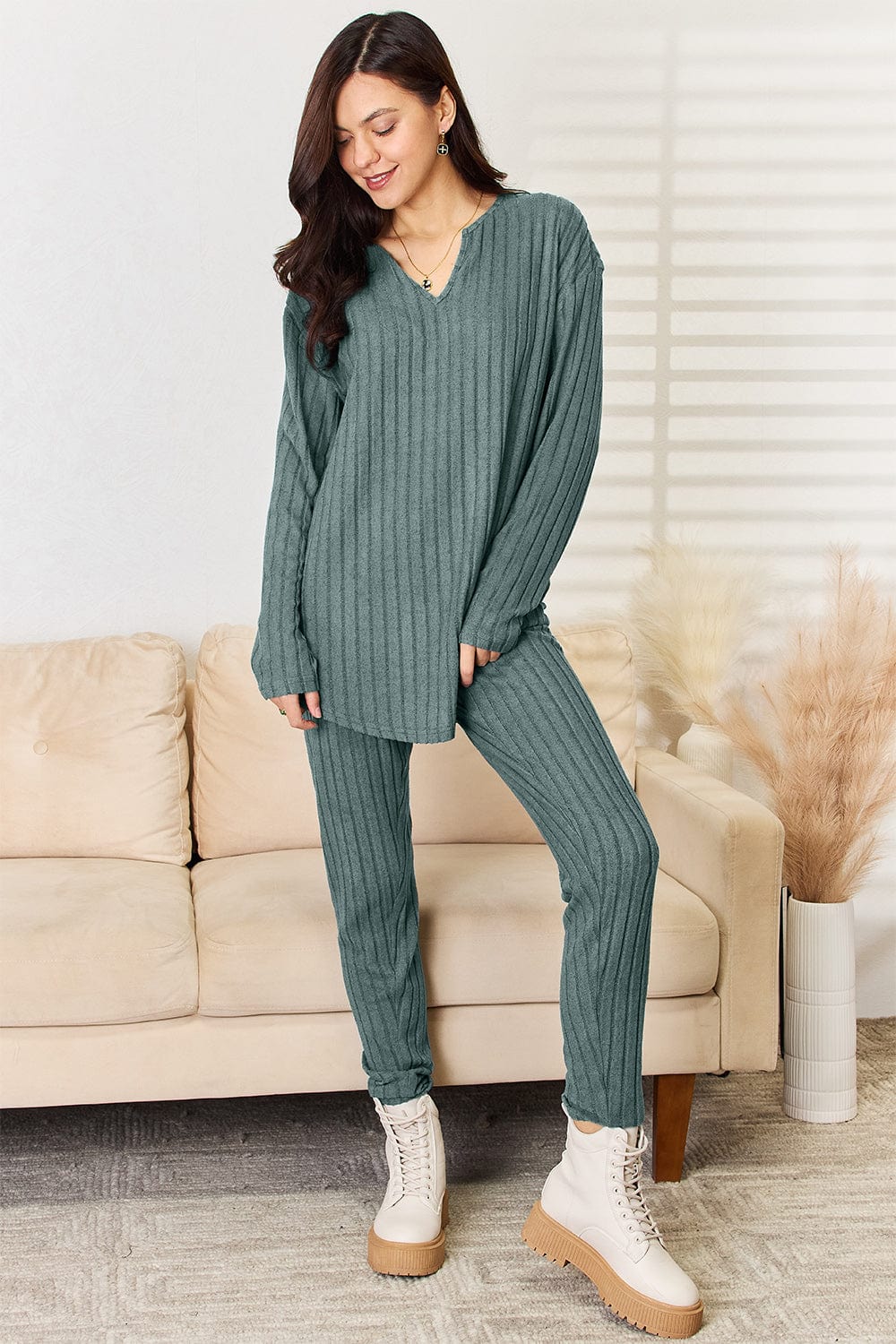 Trendsi Fall Deep Teal / S Basic Bae Full Size Notched Long Sleeve Top and Pants Set Basic Bae Full Size Notched Long Sleeve Top and Pants Set