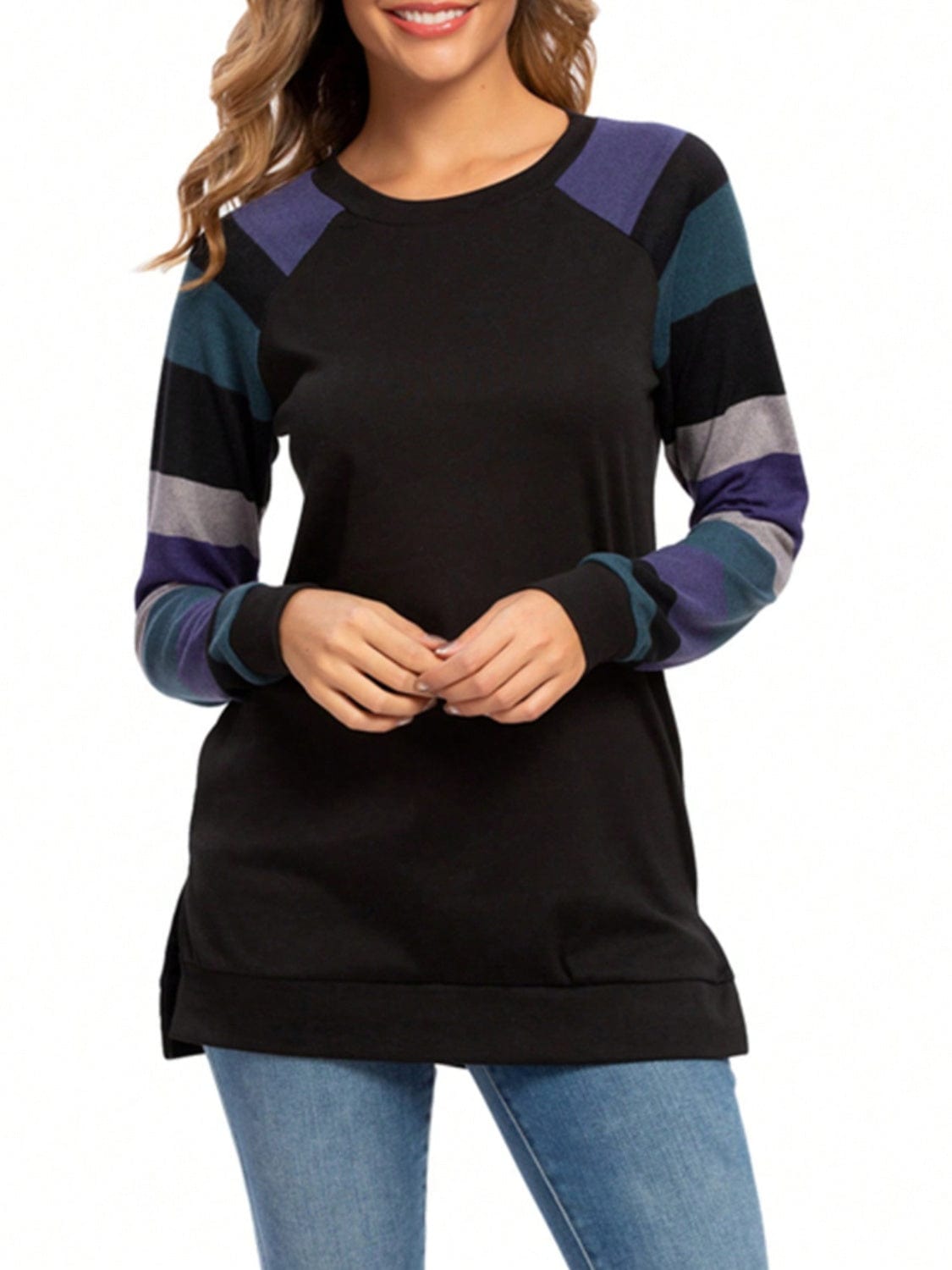 Trendsi Fall Deep Teal / S Color Block Round Neck Long Sleeve T-Shirt Color Block Round Neck Long Sleeve T-Shirt