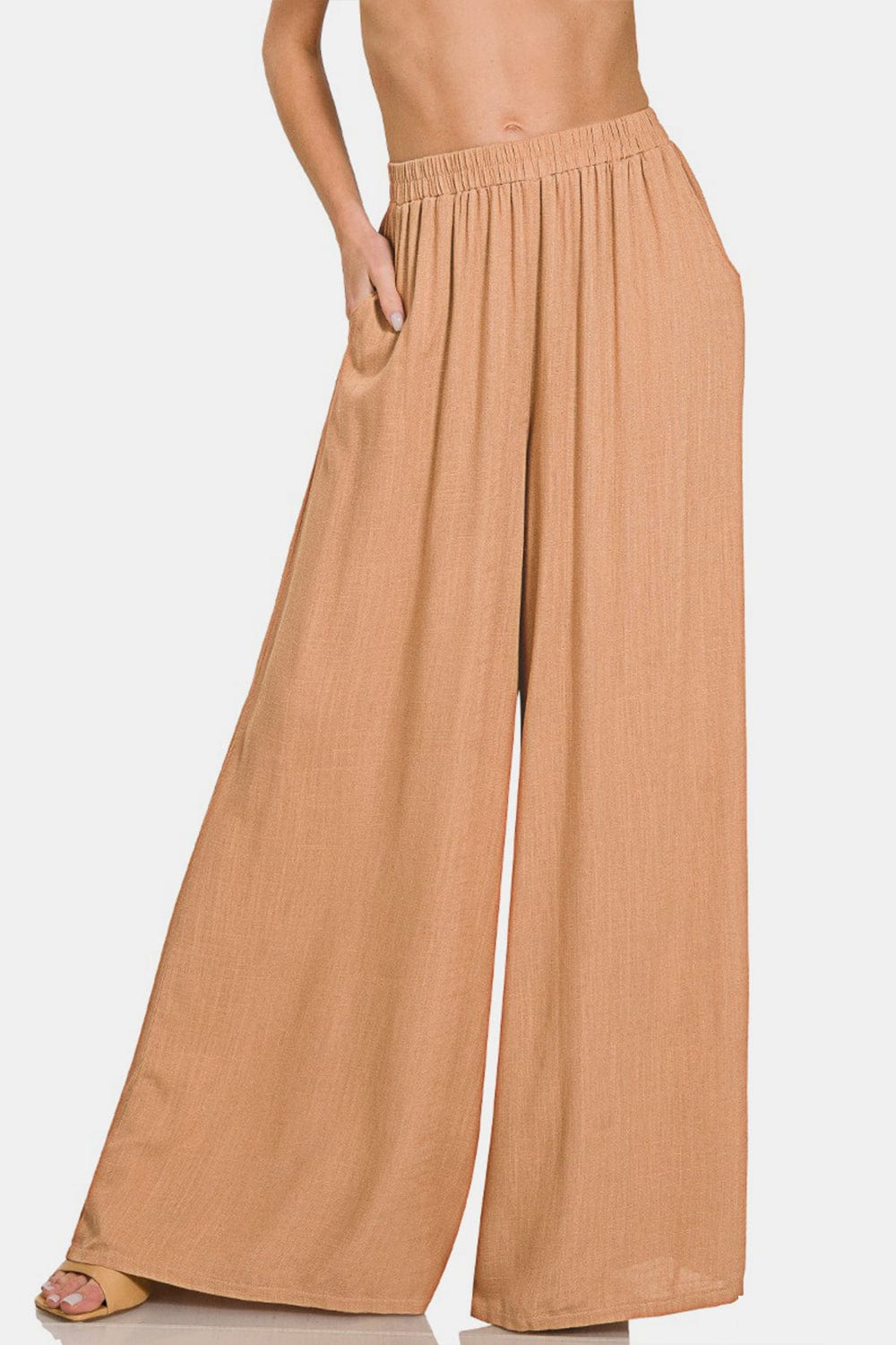 Trendsi Fall Dk Brush / S Zenana Pleated Linen Blend Wide Leg Pants Zenana Pleated Linen Blend Wide Leg Pants