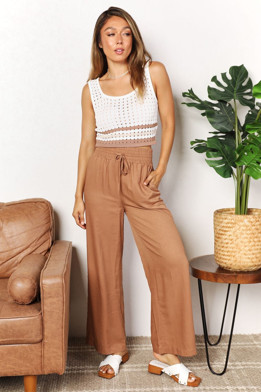 Trendsi Fall Double Take Drawstring Smocked Waist Wide Leg Pants Double Take Drawstring Smocked Waist Wide Leg Pants