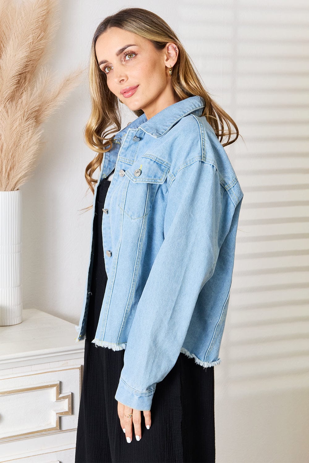 Trendsi Fall Double Take Dropped Shoulder Raw Hem Denim Jacket Double Take Dropped Shoulder Raw Hem Denim Jacket