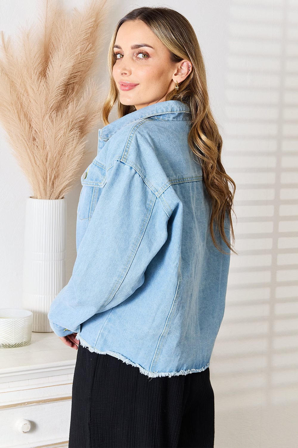 Trendsi Fall Double Take Dropped Shoulder Raw Hem Denim Jacket Double Take Dropped Shoulder Raw Hem Denim Jacket