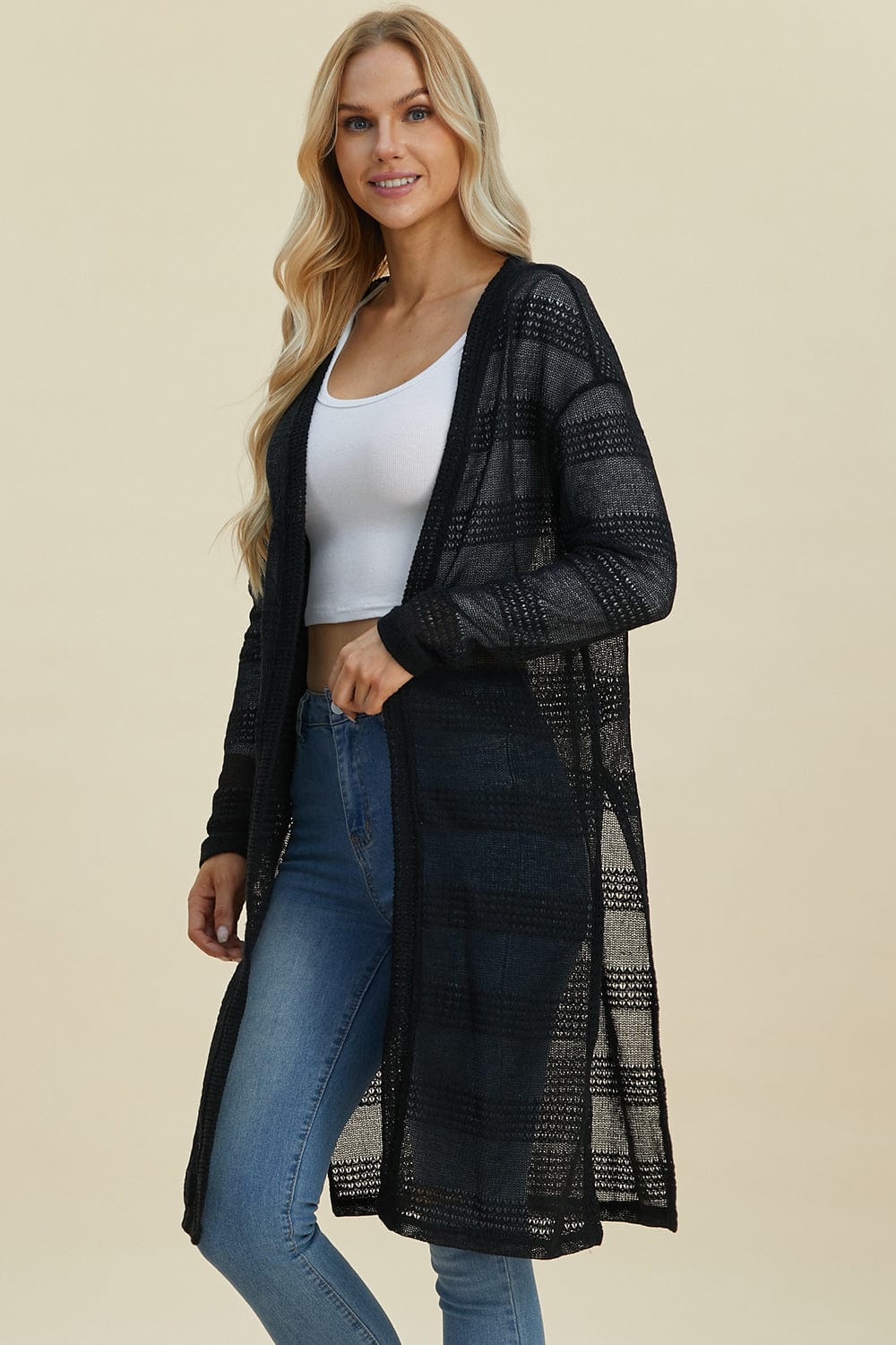 Trendsi Fall Double Take Full Size Open Front Longline Cardigan Double Take Full Size Open Front Longline Cardigan