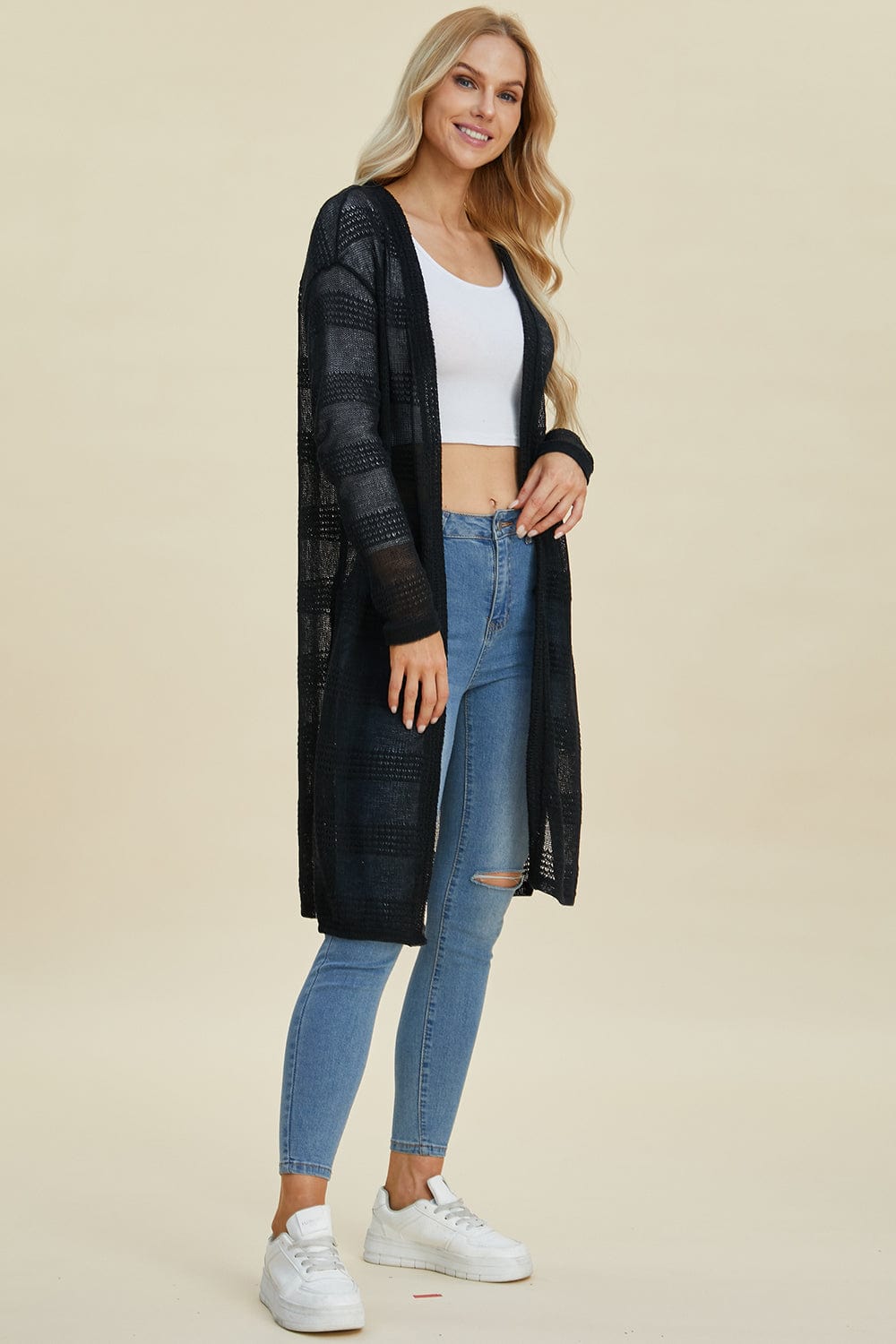 Trendsi Fall Double Take Full Size Open Front Longline Cardigan Double Take Full Size Open Front Longline Cardigan