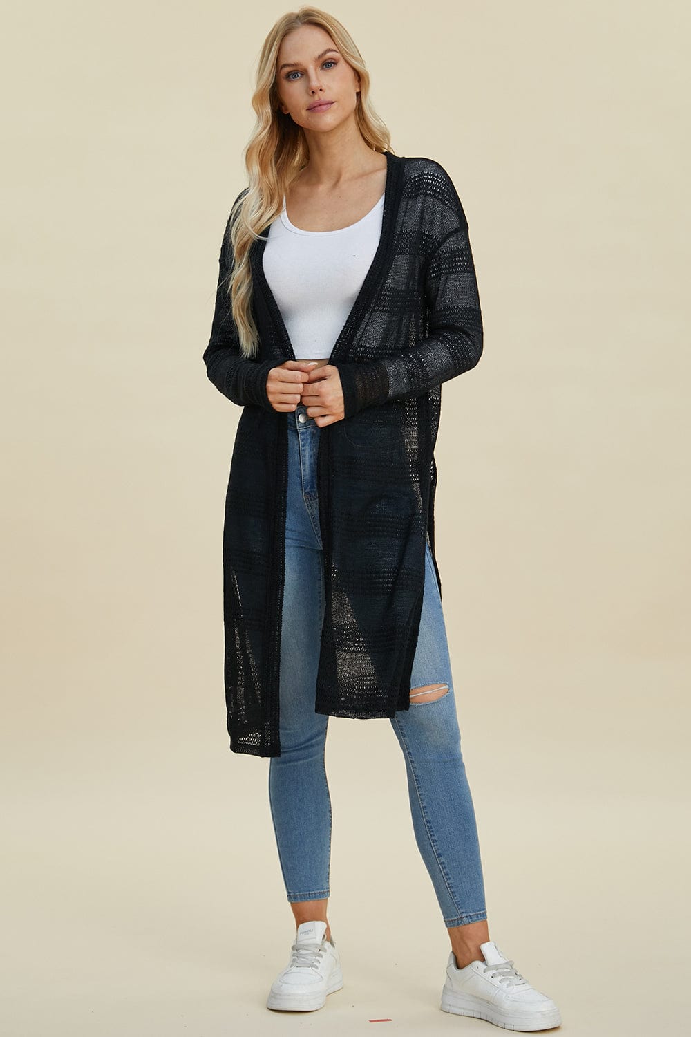 Trendsi Fall Double Take Full Size Open Front Longline Cardigan Double Take Full Size Open Front Longline Cardigan