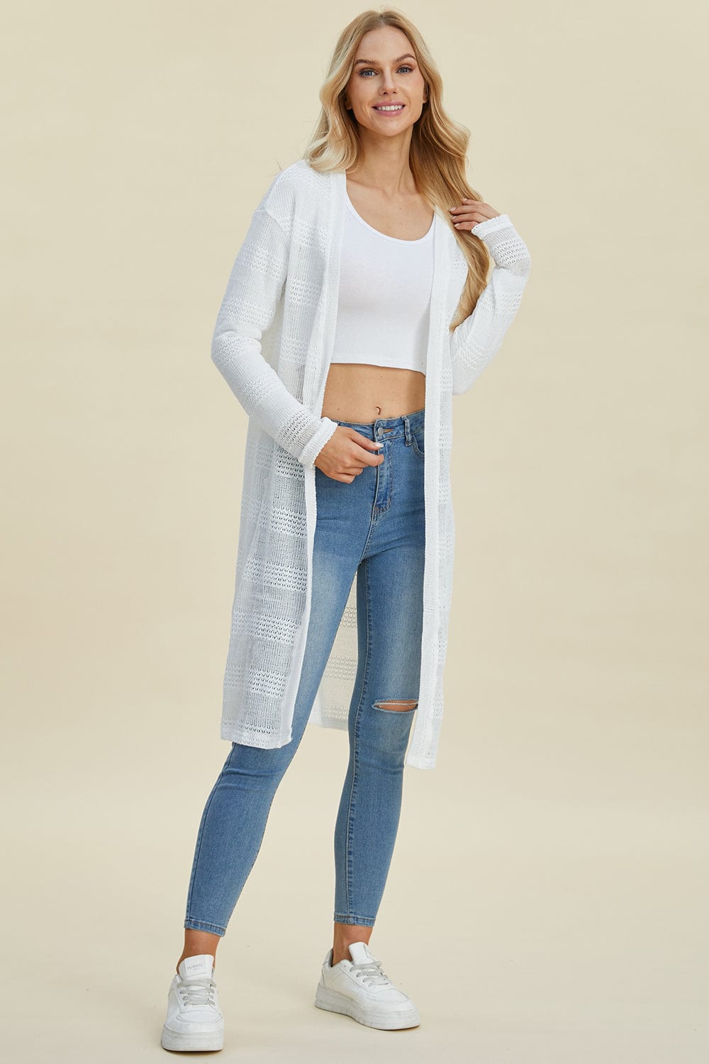 Trendsi Fall Double Take Full Size Open Front Longline Cardigan Double Take Full Size Open Front Longline Cardigan