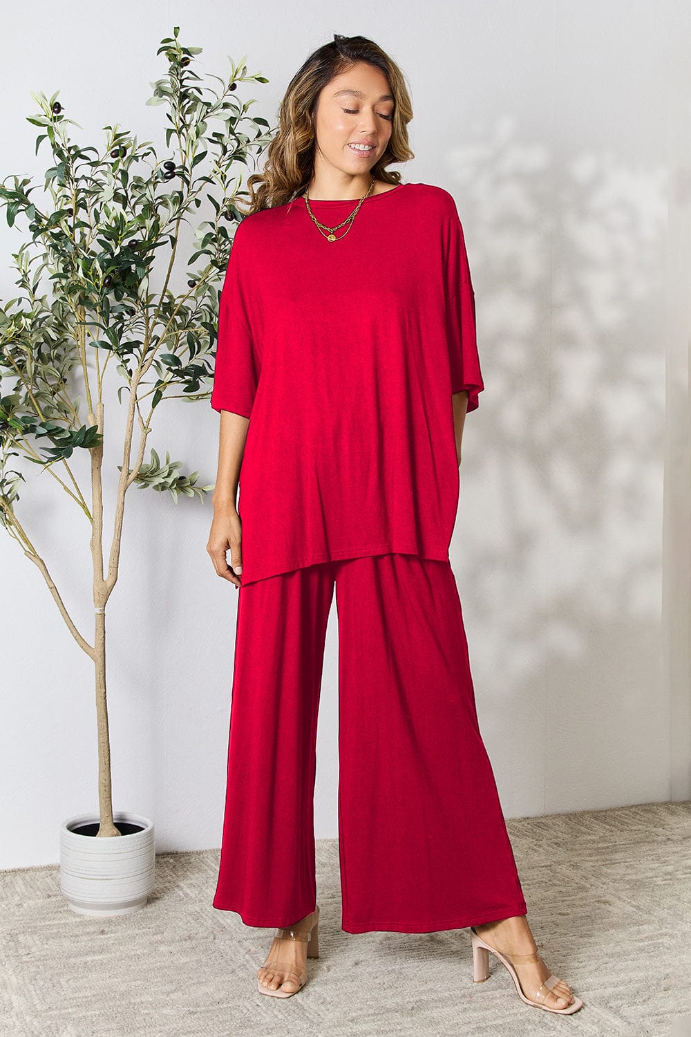 Trendsi Fall Double Take Full Size Round Neck Slit Top and Pants Set Double Take Full Size Round Neck Slit Top and Pants Set