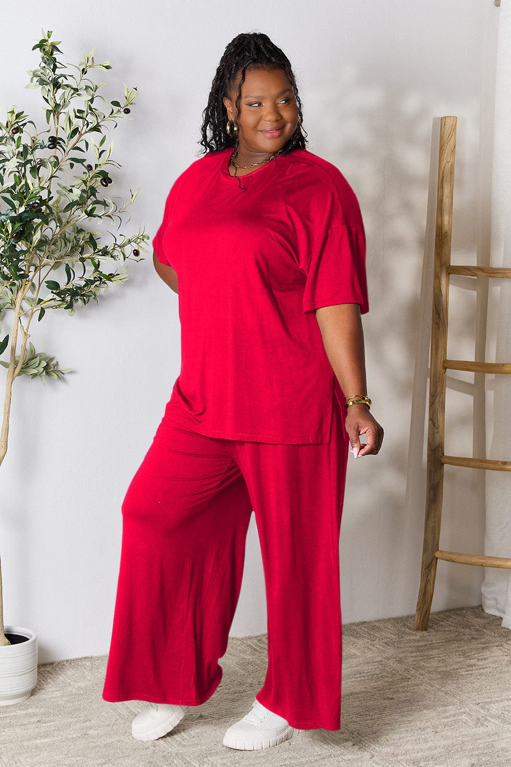 Trendsi Fall Double Take Full Size Round Neck Slit Top and Pants Set Double Take Full Size Round Neck Slit Top and Pants Set