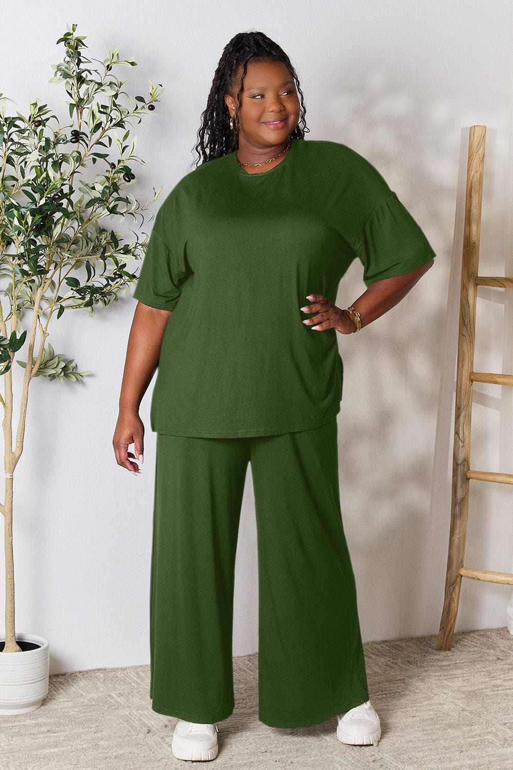 Trendsi Fall Double Take Full Size Round Neck Slit Top and Pants Set Double Take Full Size Round Neck Slit Top and Pants Set