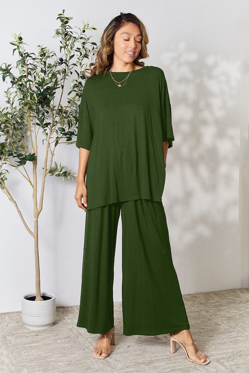 Trendsi Fall Double Take Full Size Round Neck Slit Top and Pants Set Double Take Full Size Round Neck Slit Top and Pants Set