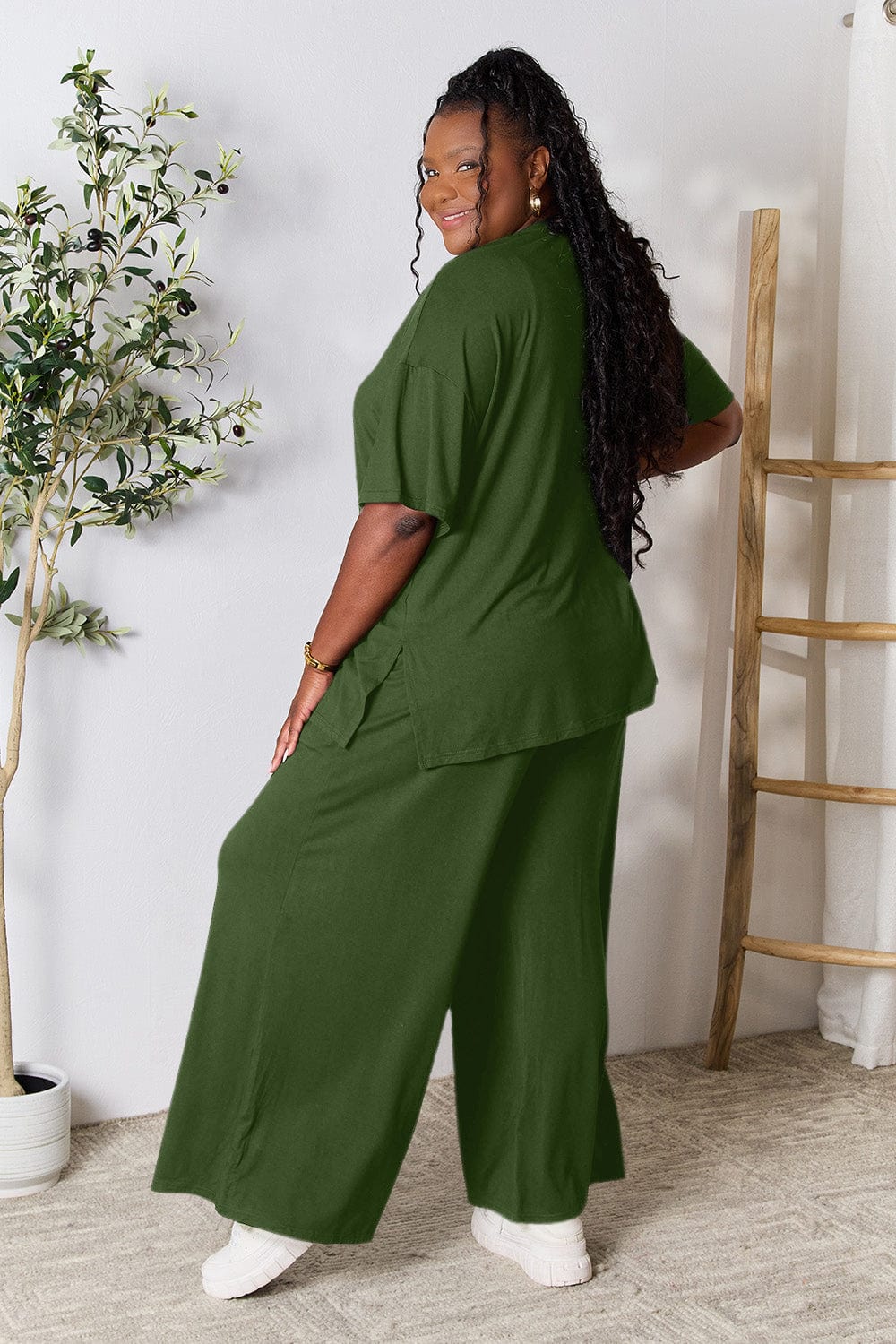 Trendsi Fall Double Take Full Size Round Neck Slit Top and Pants Set Double Take Full Size Round Neck Slit Top and Pants Set