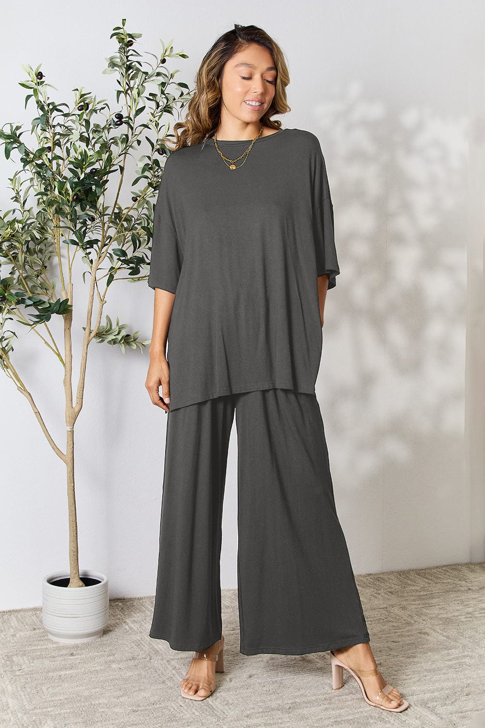 Trendsi Fall Double Take Full Size Round Neck Slit Top and Pants Set Double Take Full Size Round Neck Slit Top and Pants Set