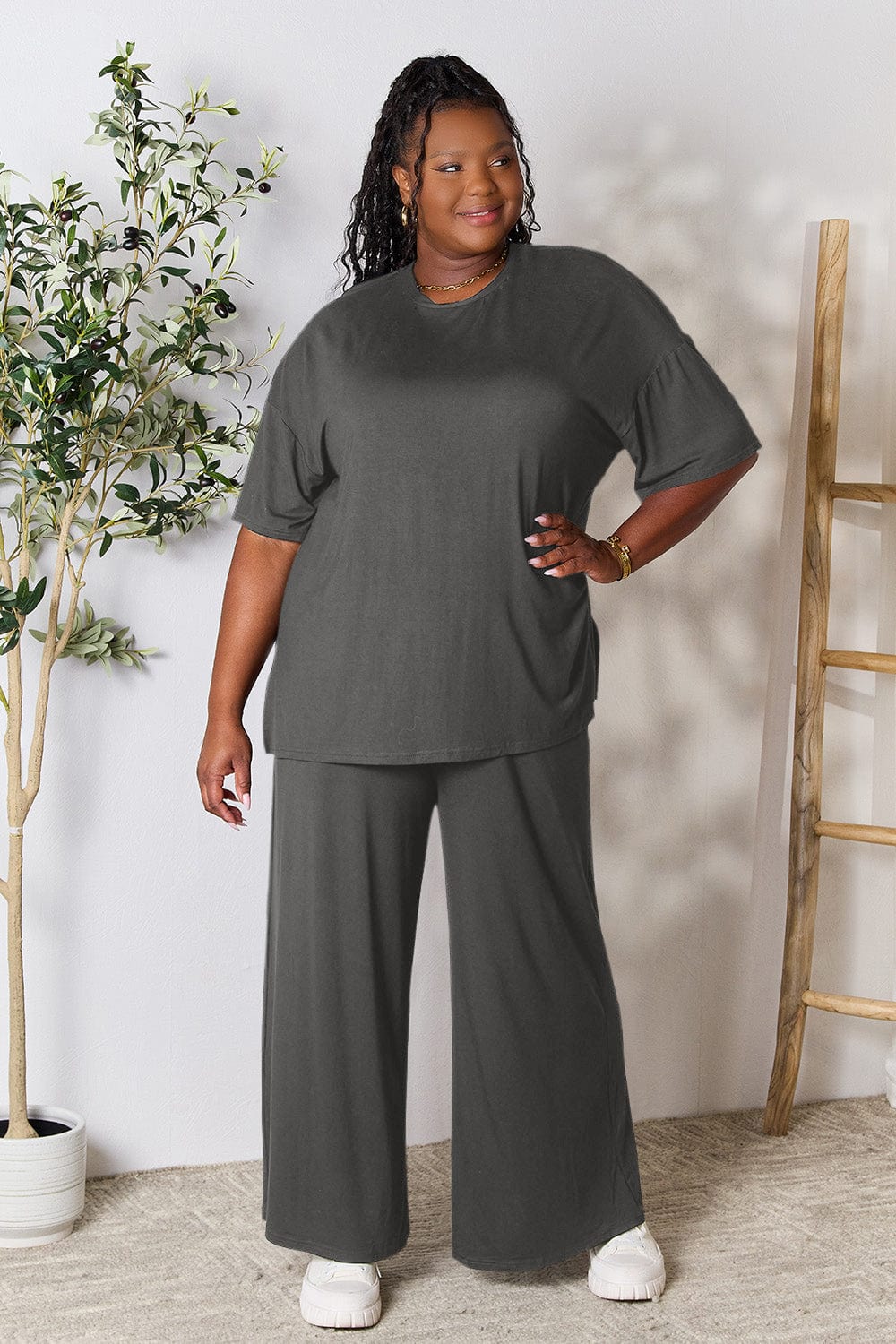 Trendsi Fall Double Take Full Size Round Neck Slit Top and Pants Set Double Take Full Size Round Neck Slit Top and Pants Set