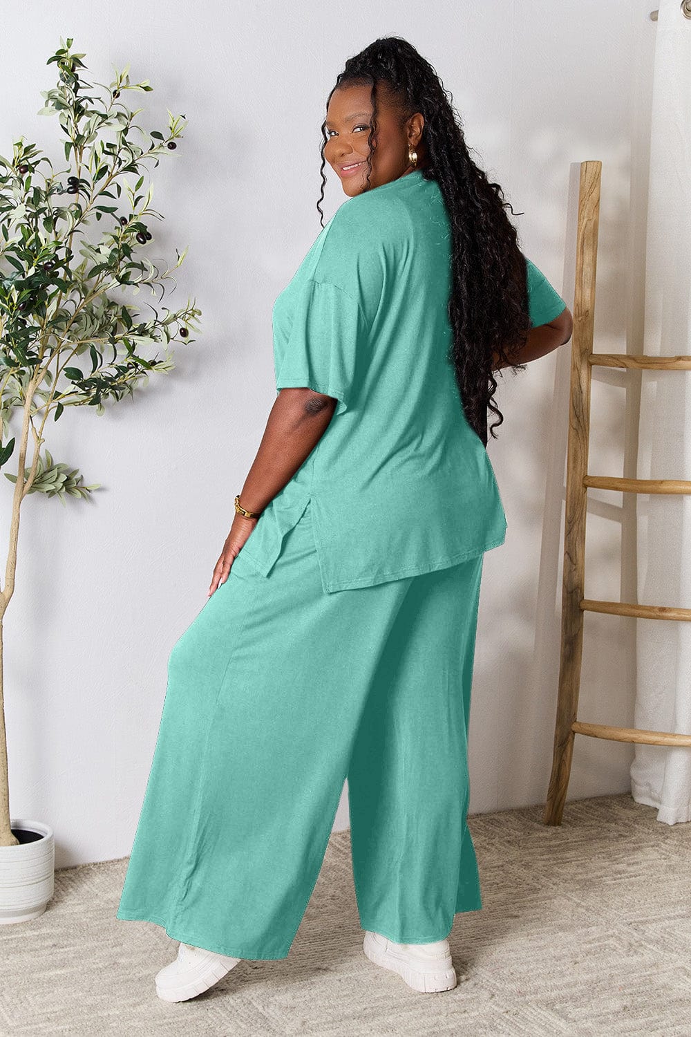 Trendsi Fall Double Take Full Size Round Neck Slit Top and Pants Set Double Take Full Size Round Neck Slit Top and Pants Set