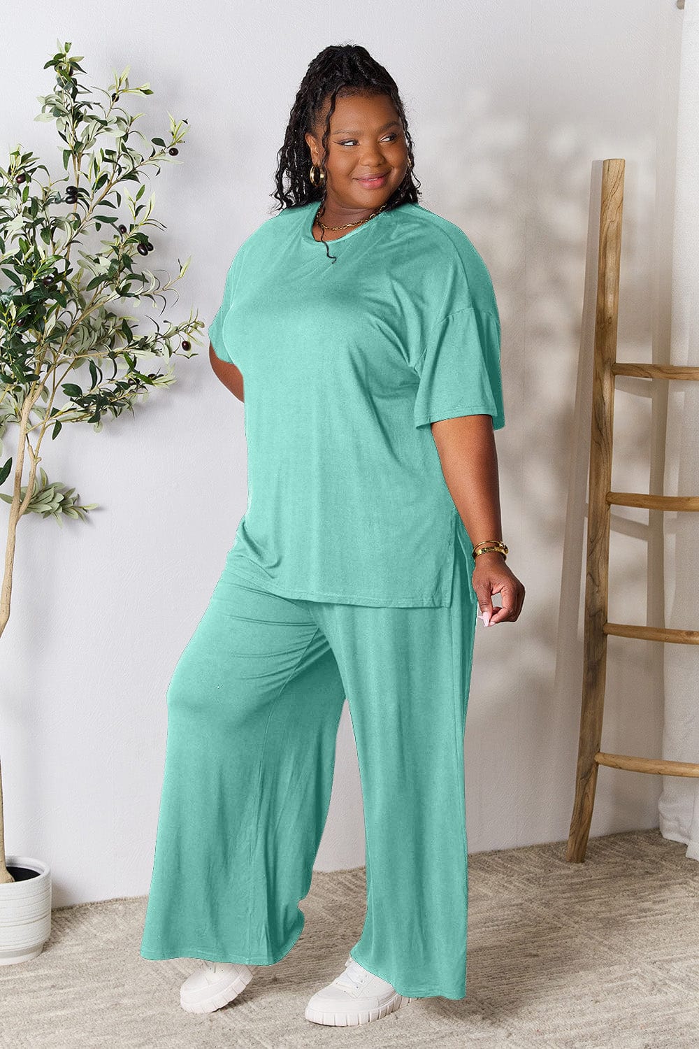 Trendsi Fall Double Take Full Size Round Neck Slit Top and Pants Set Double Take Full Size Round Neck Slit Top and Pants Set