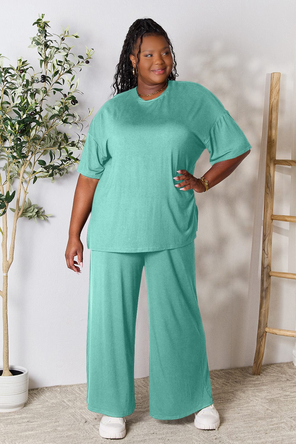 Trendsi Fall Double Take Full Size Round Neck Slit Top and Pants Set Double Take Full Size Round Neck Slit Top and Pants Set