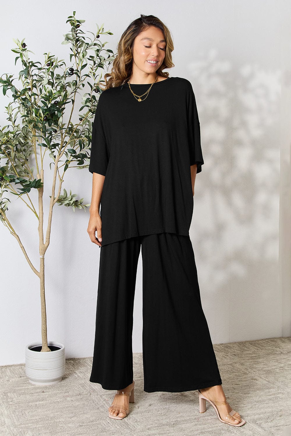 Trendsi Fall Double Take Full Size Round Neck Slit Top and Pants Set Double Take Full Size Round Neck Slit Top and Pants Set