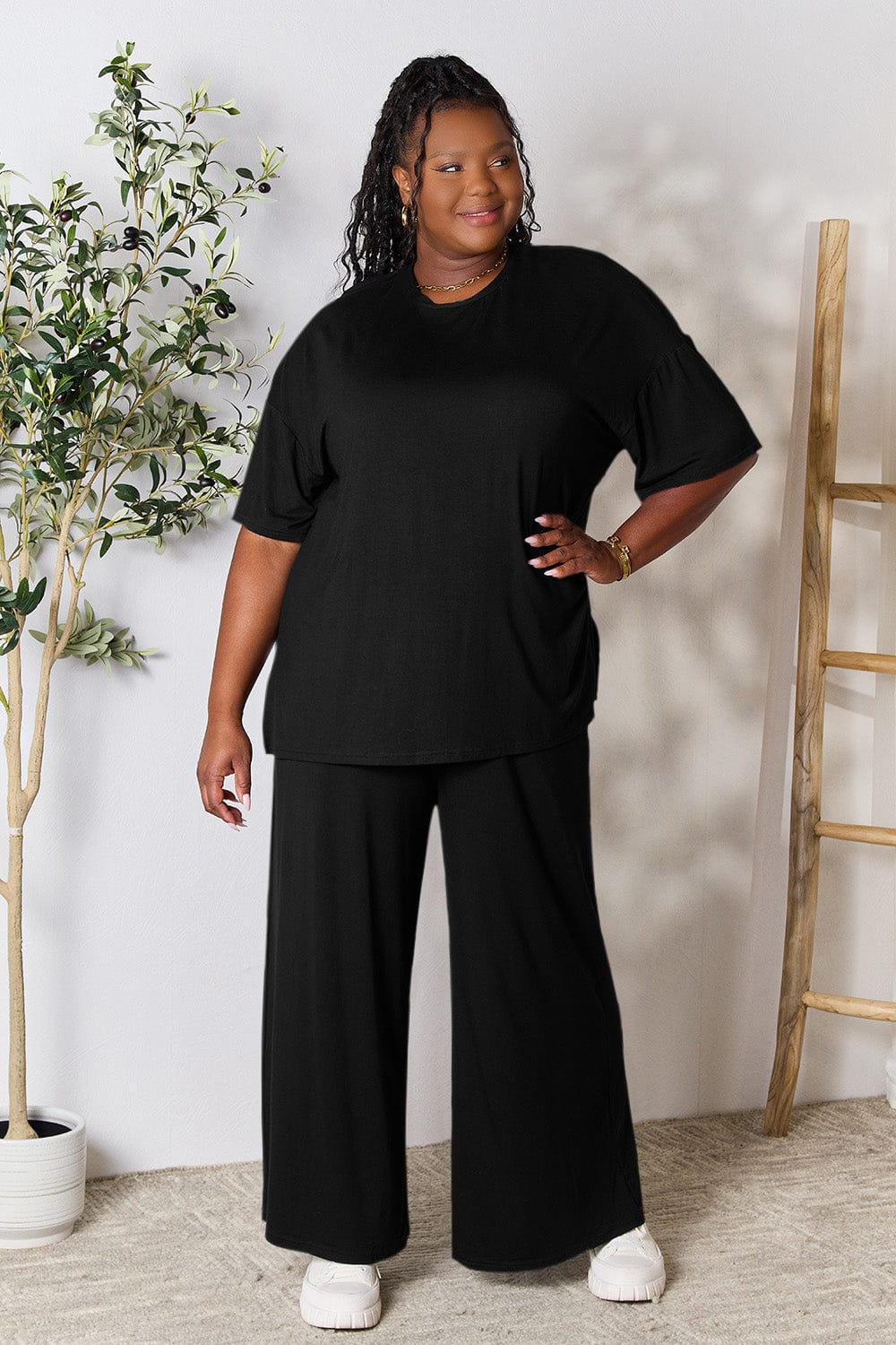 Trendsi Fall Double Take Full Size Round Neck Slit Top and Pants Set Double Take Full Size Round Neck Slit Top and Pants Set