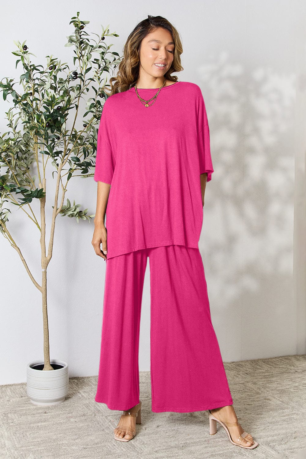 Trendsi Fall Double Take Full Size Round Neck Slit Top and Pants Set Double Take Full Size Round Neck Slit Top and Pants Set