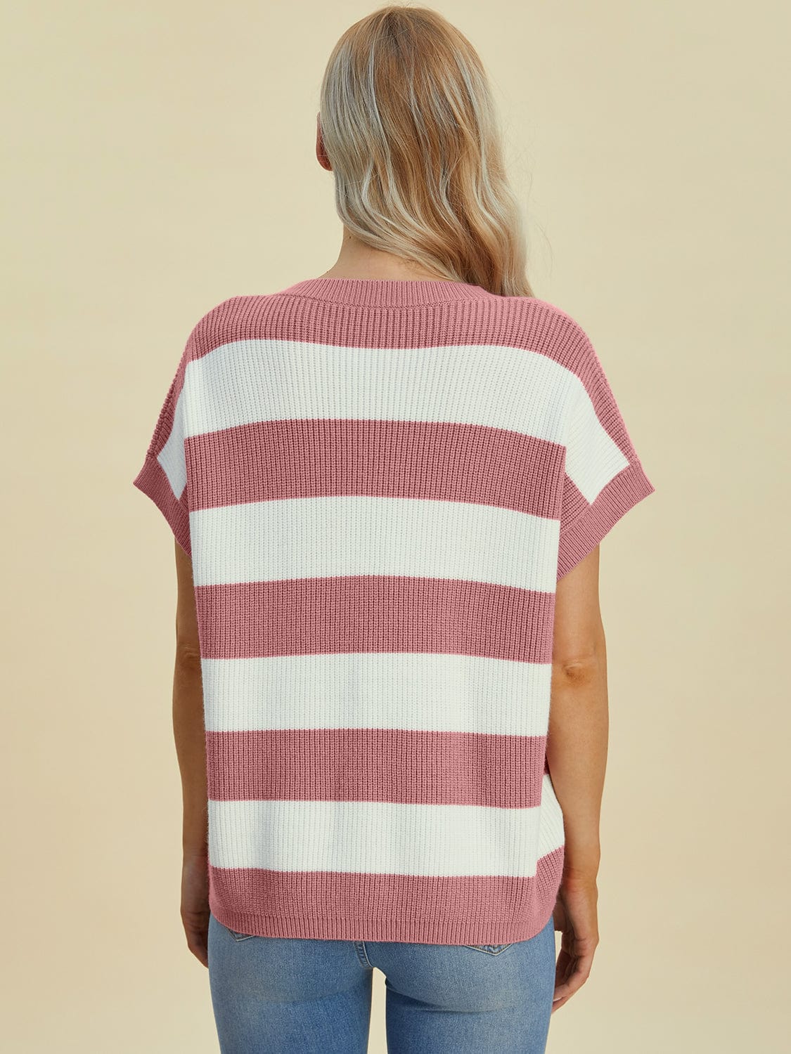 Trendsi Fall Double Take Full Size Striped V-Neck Short Sleeve Sweater Double Take Full Size Striped V-Neck Short Sleeve Sweater