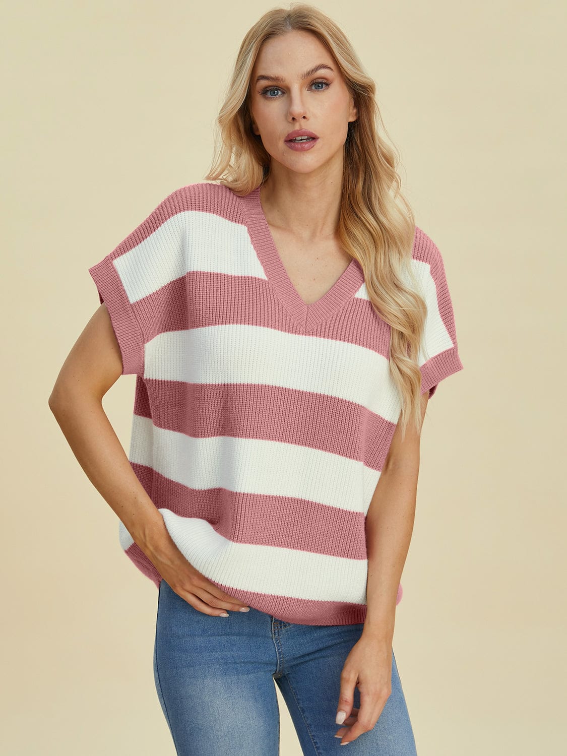 Trendsi Fall Double Take Full Size Striped V-Neck Short Sleeve Sweater Double Take Full Size Striped V-Neck Short Sleeve Sweater