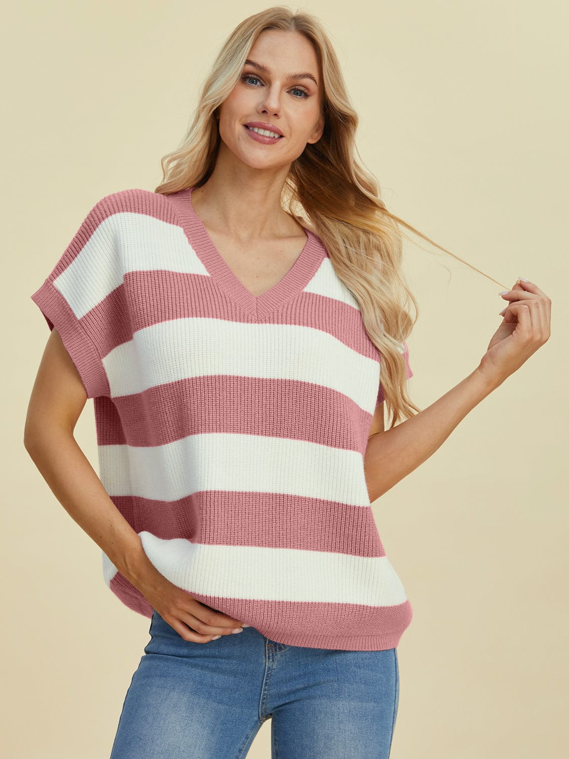 Trendsi Fall Double Take Full Size Striped V-Neck Short Sleeve Sweater Double Take Full Size Striped V-Neck Short Sleeve Sweater