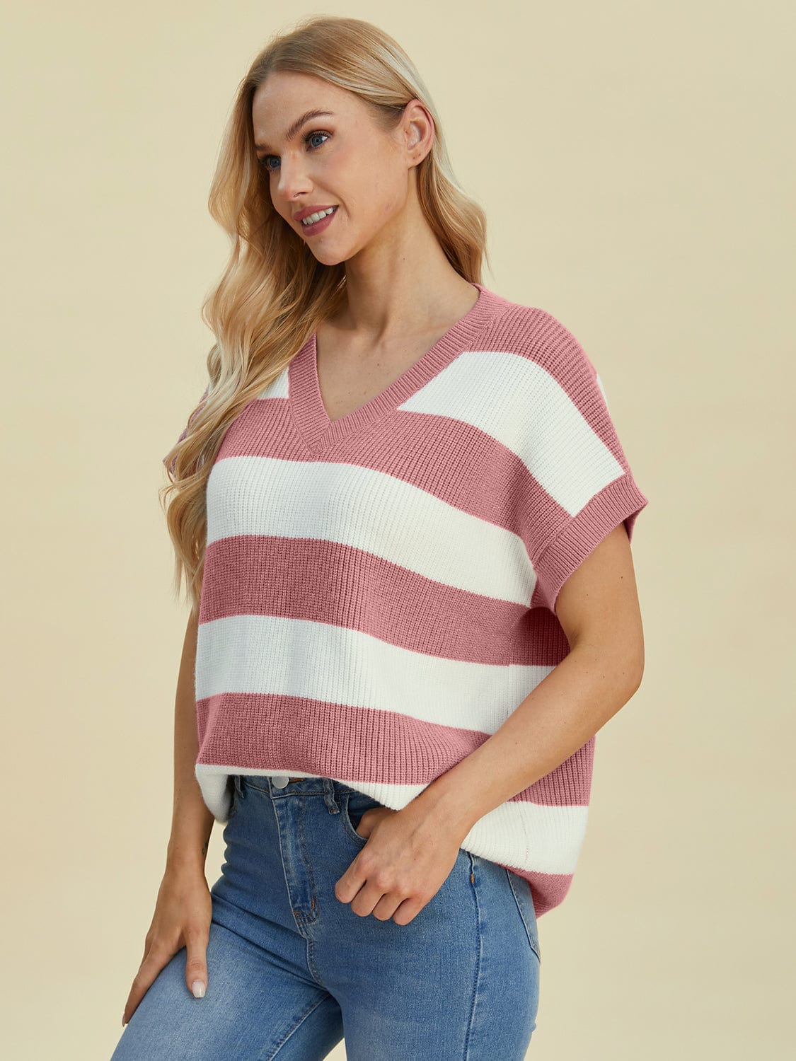 Trendsi Fall Double Take Full Size Striped V-Neck Short Sleeve Sweater Double Take Full Size Striped V-Neck Short Sleeve Sweater