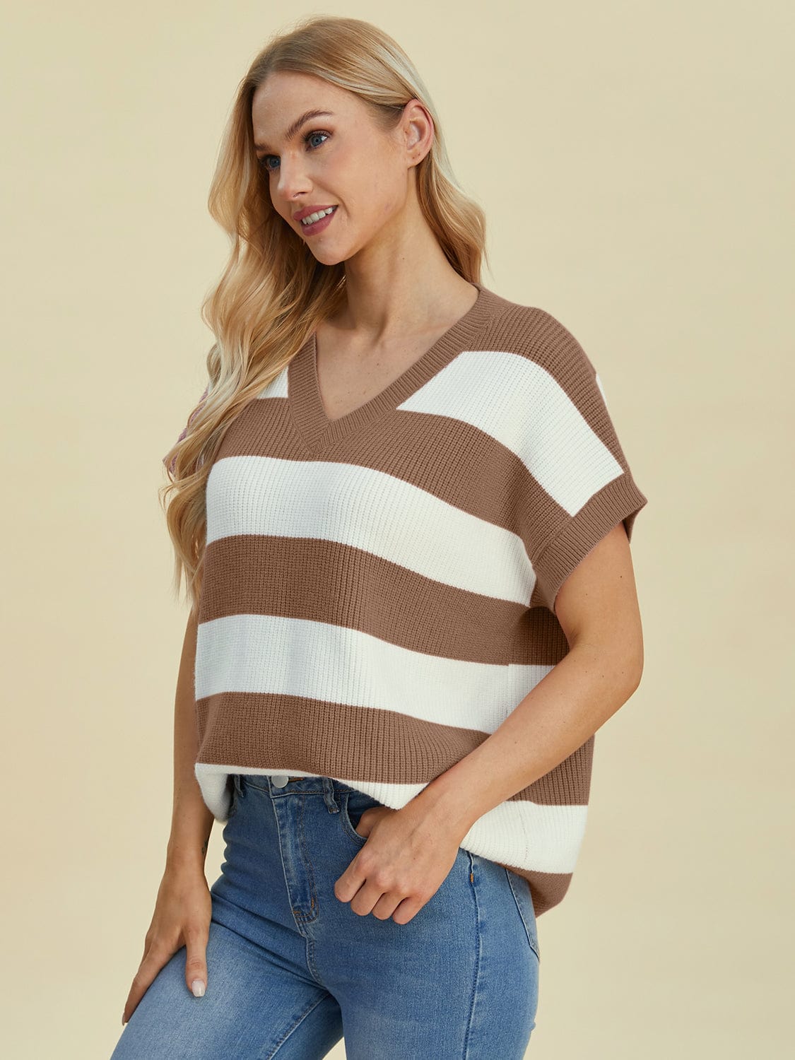 Trendsi Fall Double Take Full Size Striped V-Neck Short Sleeve Sweater Double Take Full Size Striped V-Neck Short Sleeve Sweater
