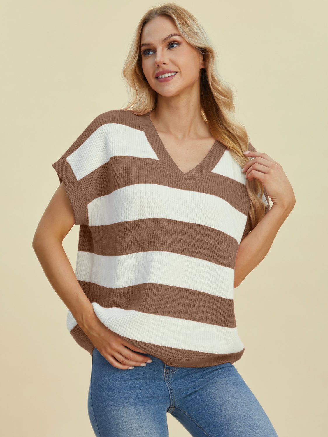 Trendsi Fall Double Take Full Size Striped V-Neck Short Sleeve Sweater Double Take Full Size Striped V-Neck Short Sleeve Sweater
