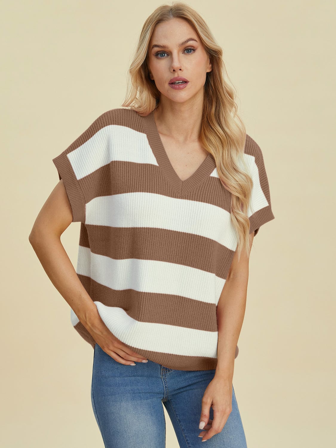 Trendsi Fall Double Take Full Size Striped V-Neck Short Sleeve Sweater Double Take Full Size Striped V-Neck Short Sleeve Sweater