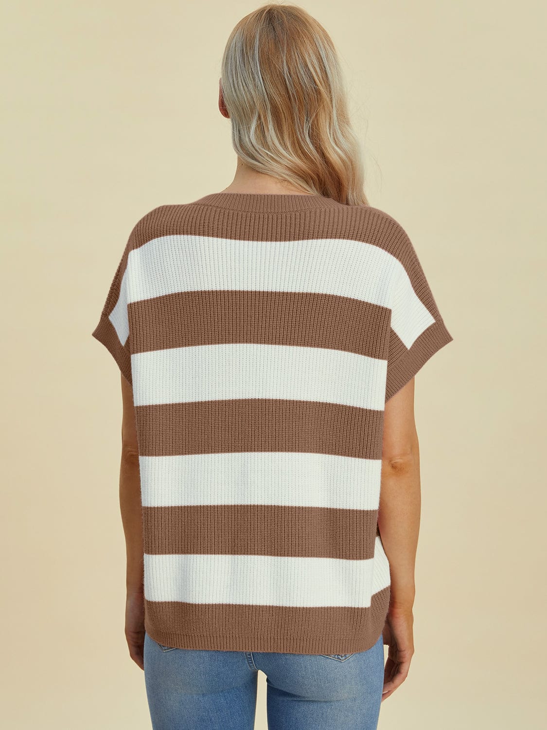 Trendsi Fall Double Take Full Size Striped V-Neck Short Sleeve Sweater Double Take Full Size Striped V-Neck Short Sleeve Sweater