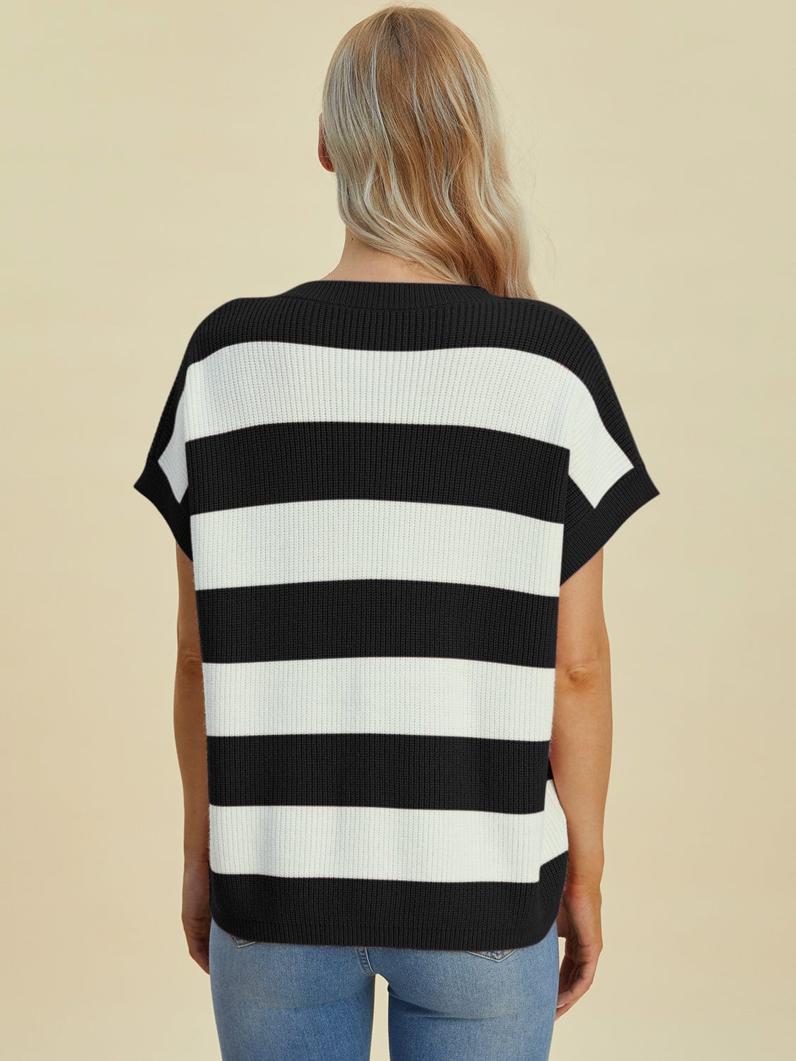 Trendsi Fall Double Take Full Size Striped V-Neck Short Sleeve Sweater Double Take Full Size Striped V-Neck Short Sleeve Sweater