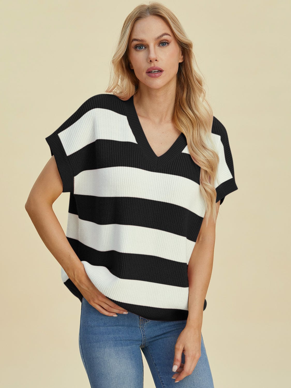 Trendsi Fall Double Take Full Size Striped V-Neck Short Sleeve Sweater Double Take Full Size Striped V-Neck Short Sleeve Sweater