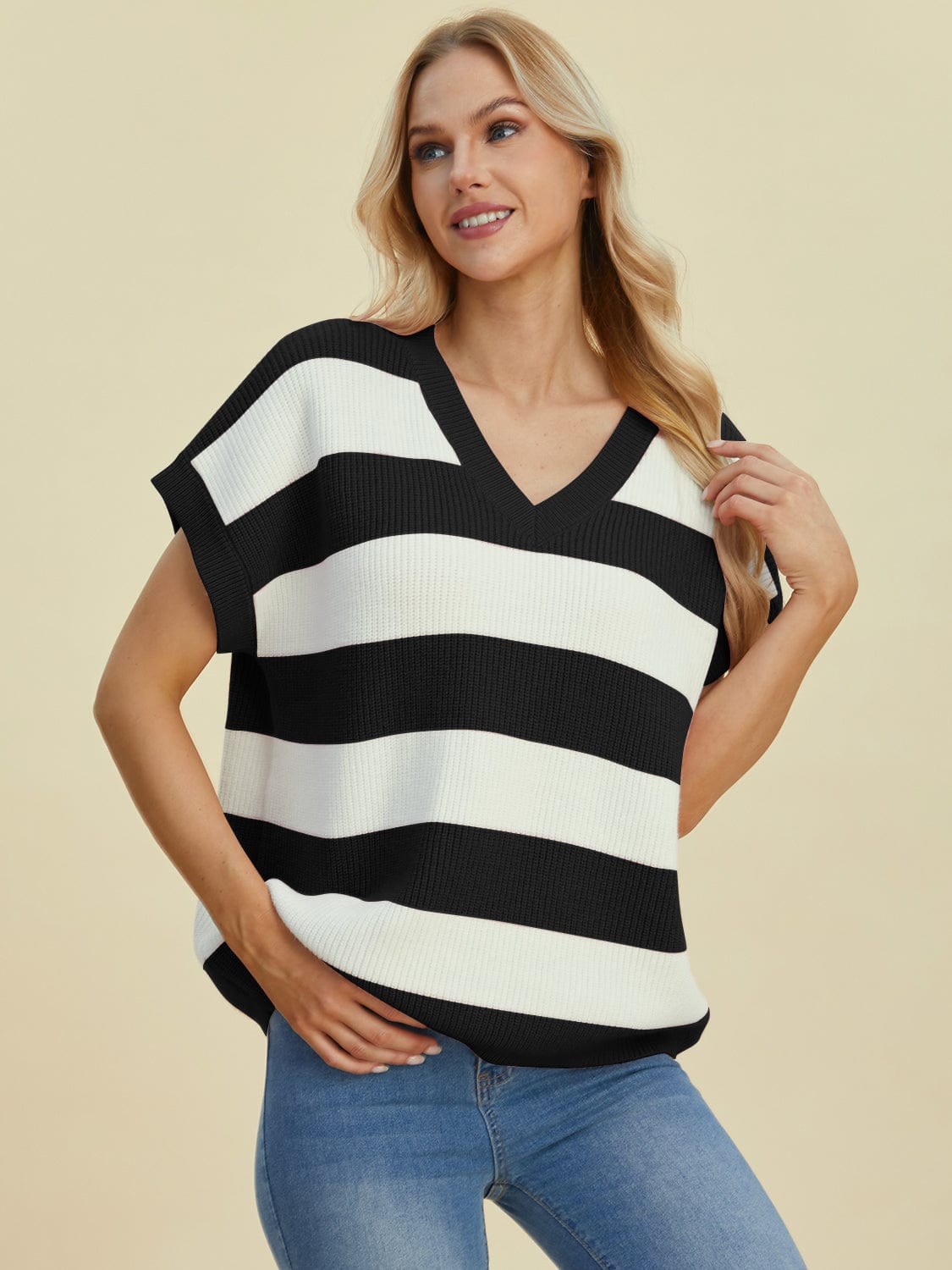 Trendsi Fall Double Take Full Size Striped V-Neck Short Sleeve Sweater Double Take Full Size Striped V-Neck Short Sleeve Sweater