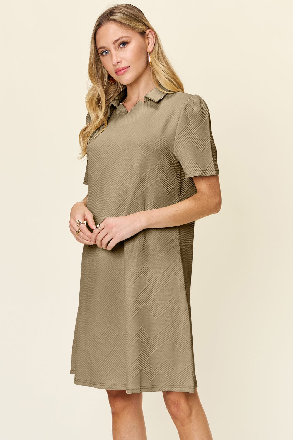 Trendsi Fall Double Take Full Size Texture Collared Neck Short Sleeve Dress Double Take Full Size Texture Collared Neck Short Sleeve Dress