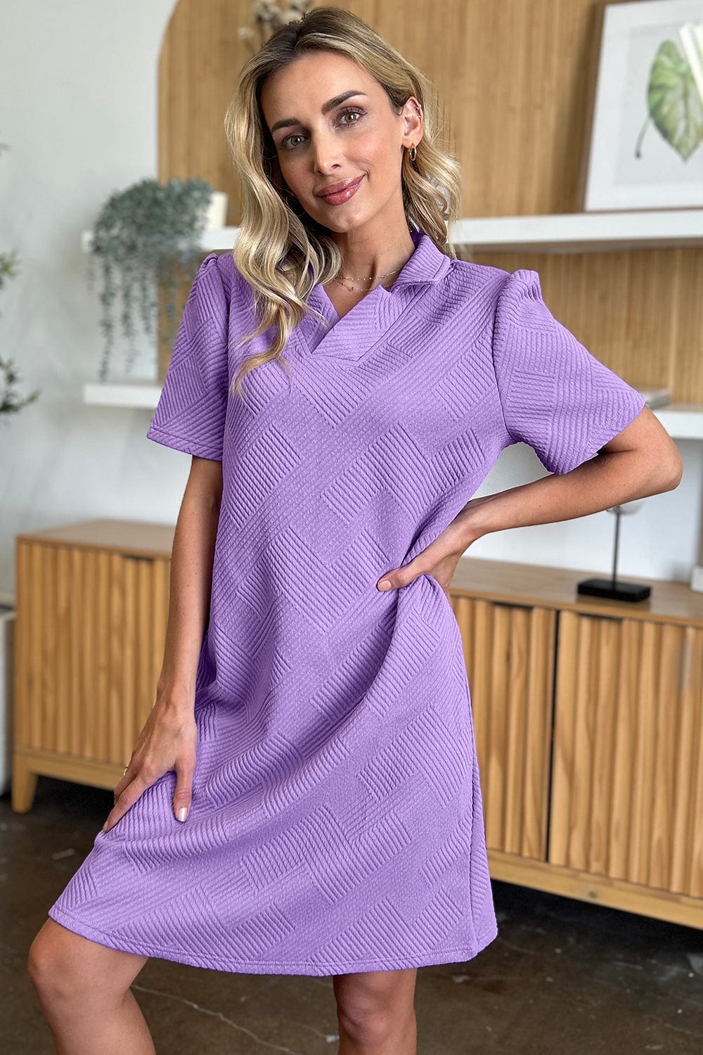 Trendsi Fall Double Take Full Size Texture Collared Neck Short Sleeve Dress Double Take Full Size Texture Collared Neck Short Sleeve Dress