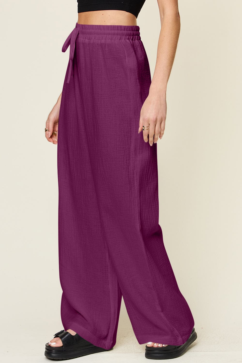 Trendsi Fall Double Take Full Size Texture Drawstring Wide Leg Pants Double Take Full Size Texture Drawstring Wide Leg Pants