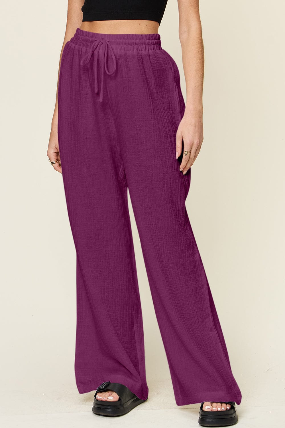 Trendsi Fall Double Take Full Size Texture Drawstring Wide Leg Pants Double Take Full Size Texture Drawstring Wide Leg Pants