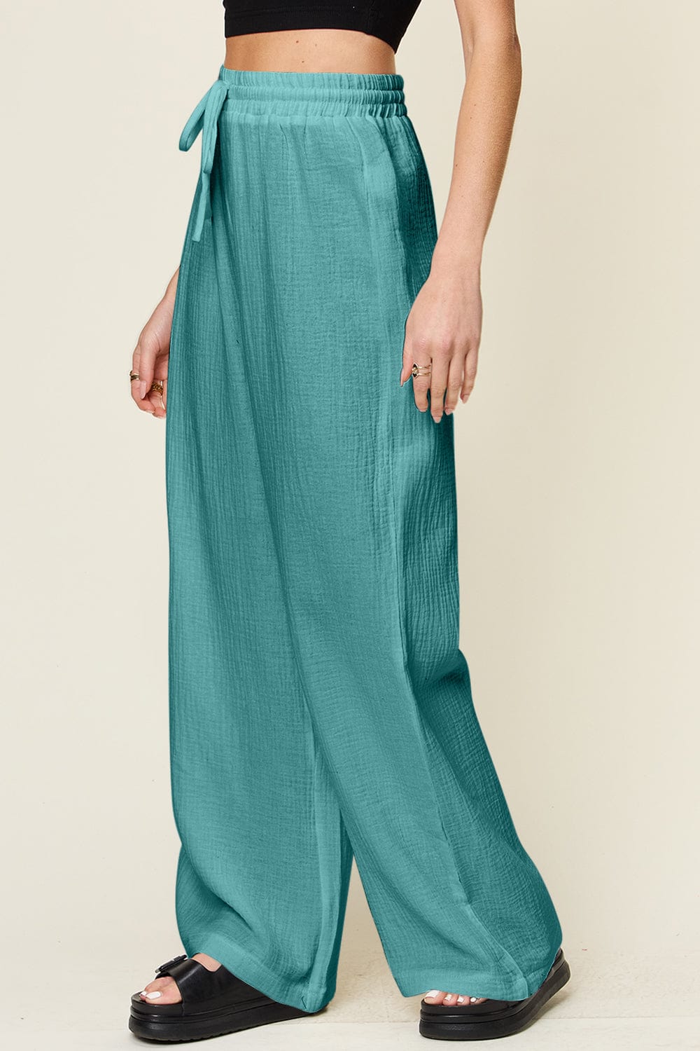 Trendsi Fall Double Take Full Size Texture Drawstring Wide Leg Pants Double Take Full Size Texture Drawstring Wide Leg Pants