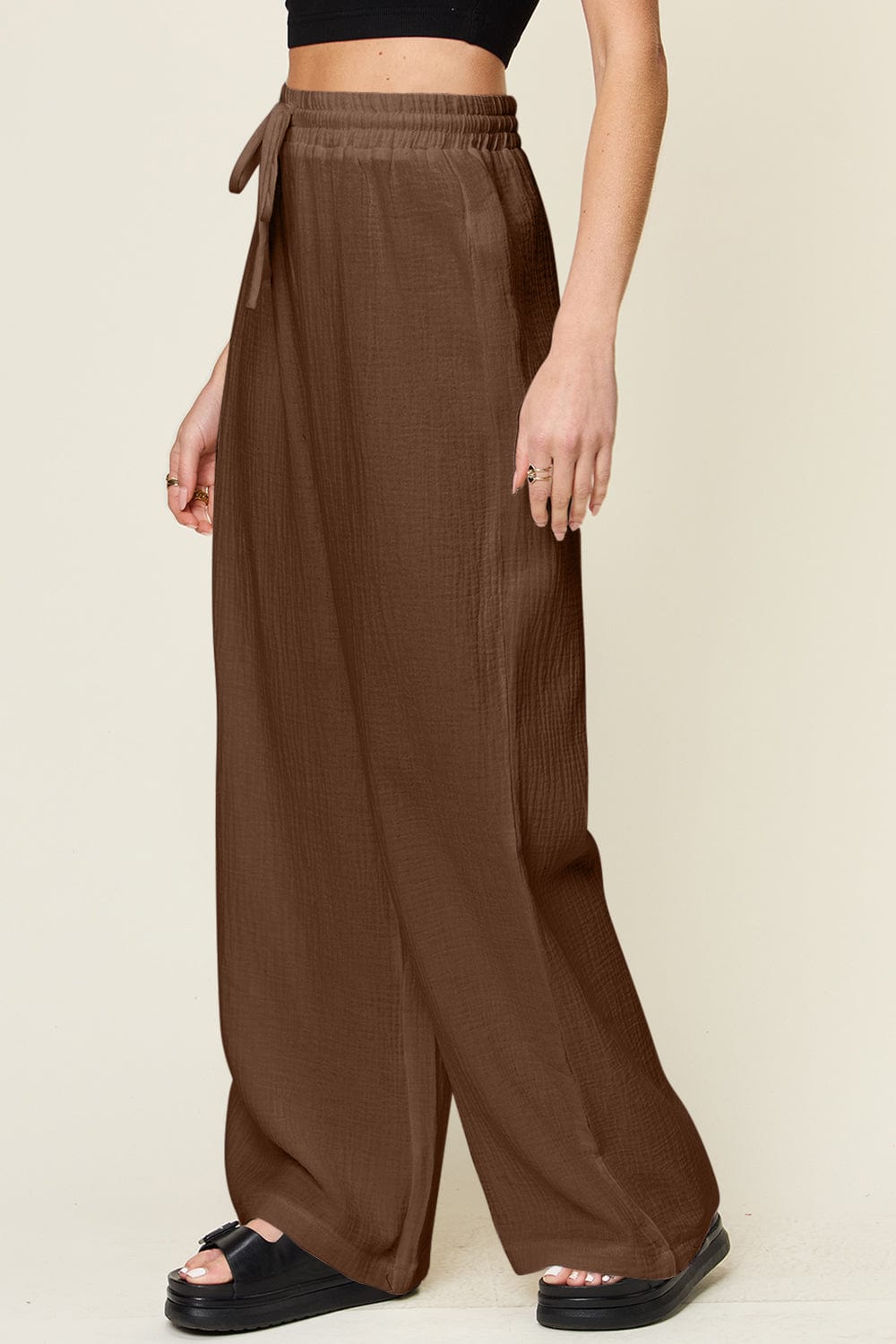 Trendsi Fall Double Take Full Size Texture Drawstring Wide Leg Pants Double Take Full Size Texture Drawstring Wide Leg Pants