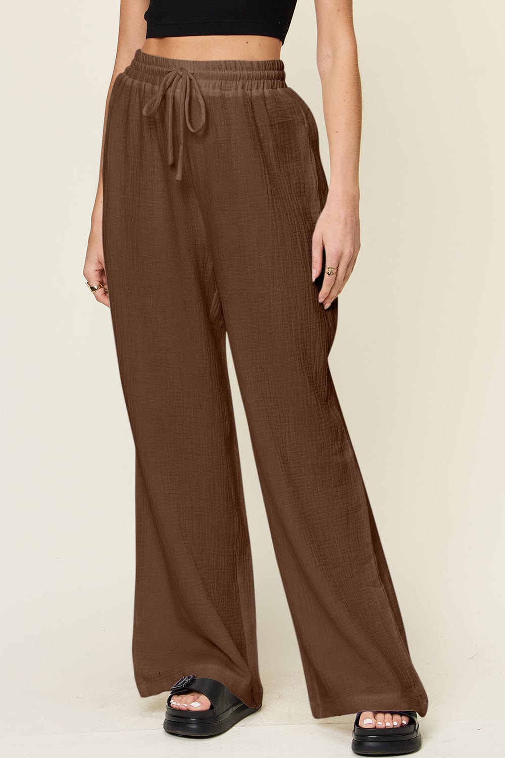 Trendsi Fall Double Take Full Size Texture Drawstring Wide Leg Pants Double Take Full Size Texture Drawstring Wide Leg Pants